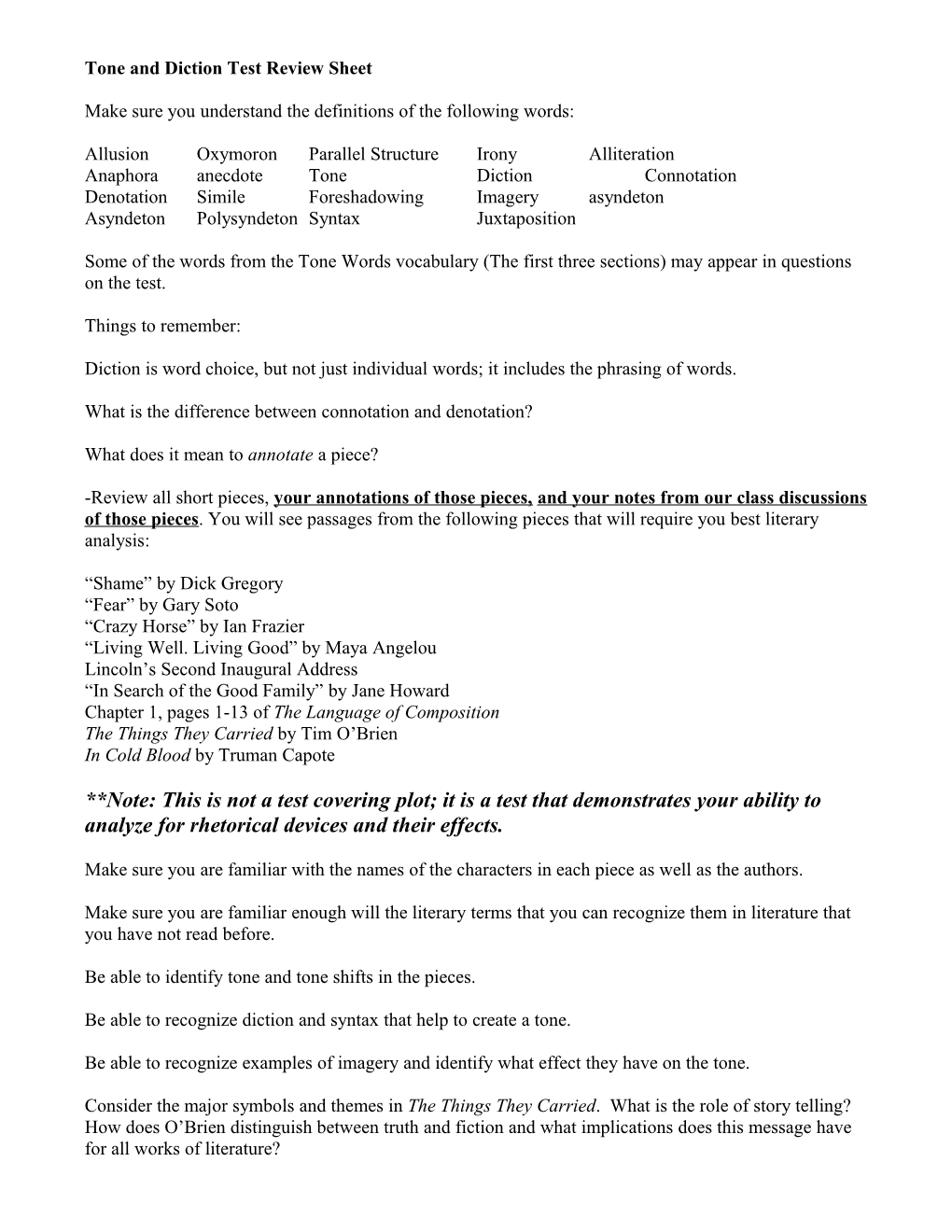 Tone and Diction Test Review Sheet