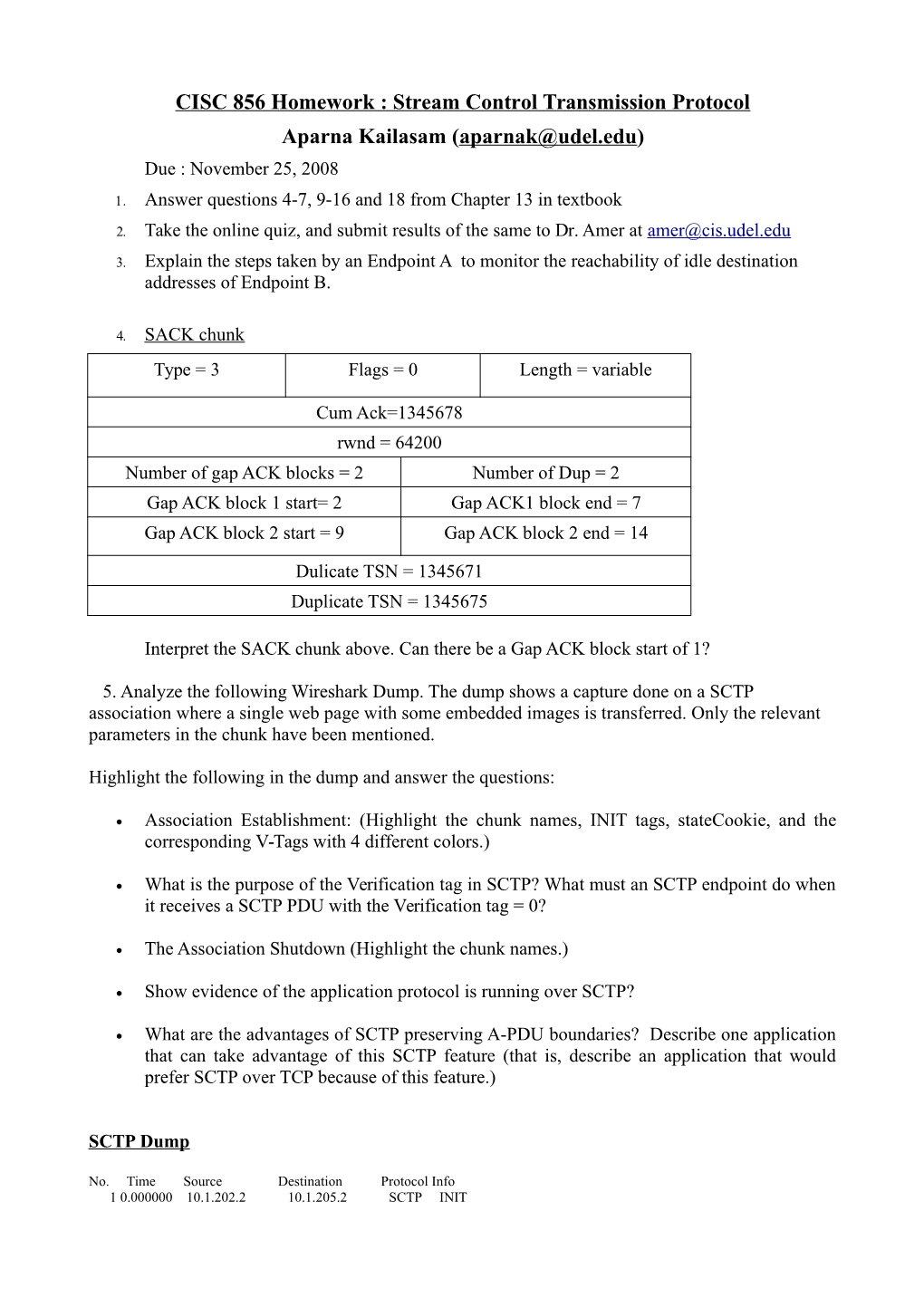 CISC 856 Homework : Stream Control Transmission Protocol