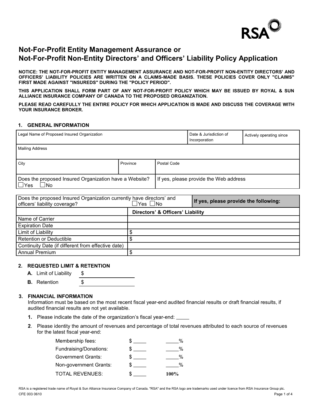 Non-Profit Directors and Officers Liability Policy Application