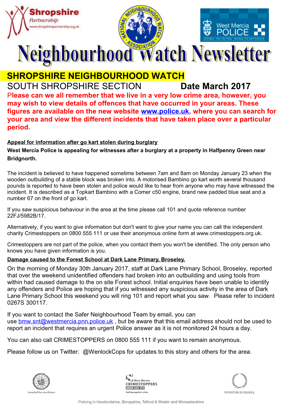 From Shelly Sidwell, Shropshire Division Neighbourhood Watch Clerk