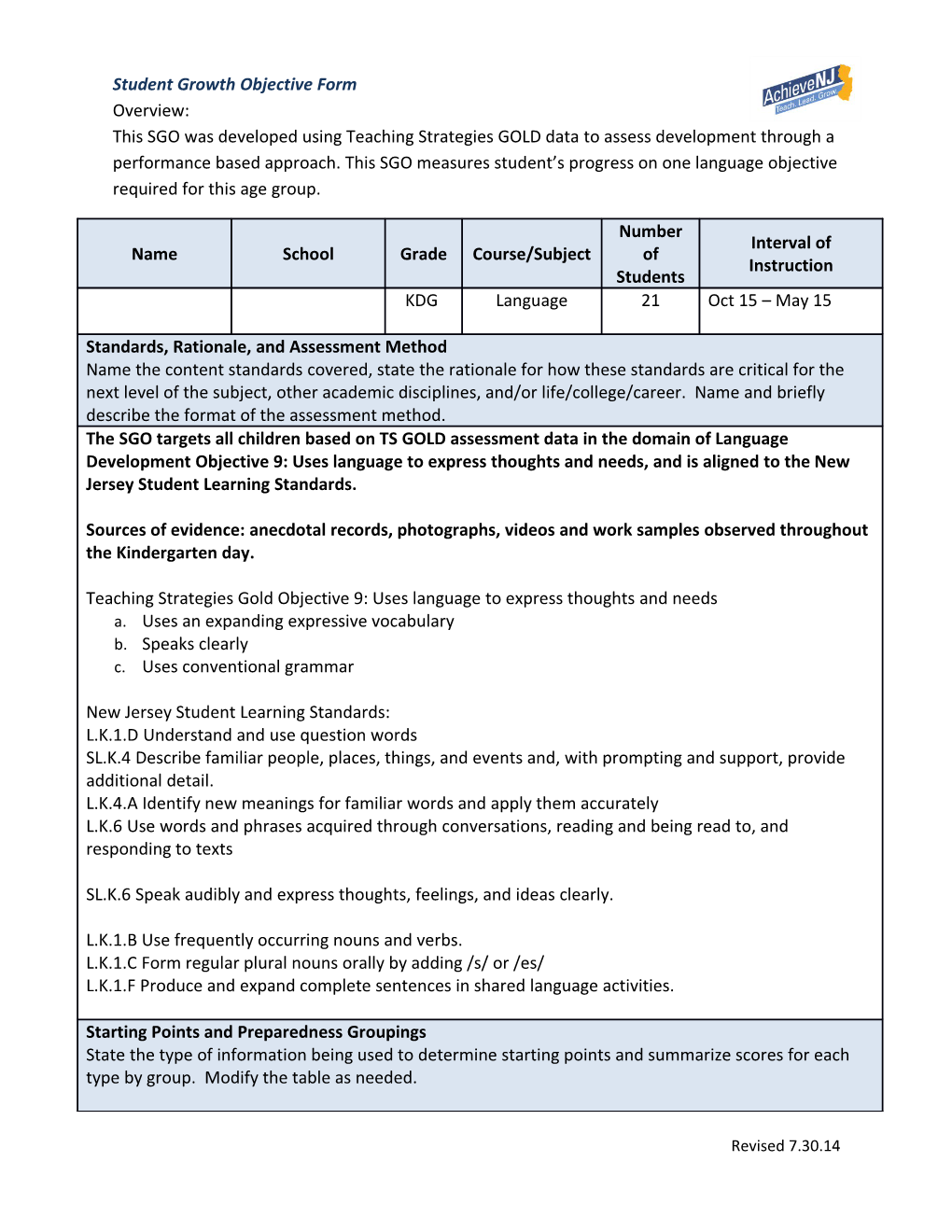 Student Growth Objective Form