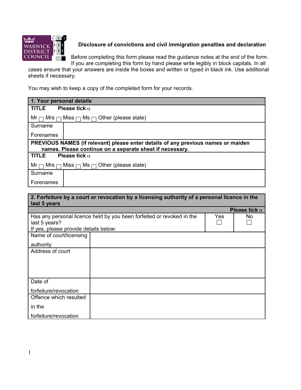 Disclosure of Convictions and Civil Immigration Penalties and Declaration