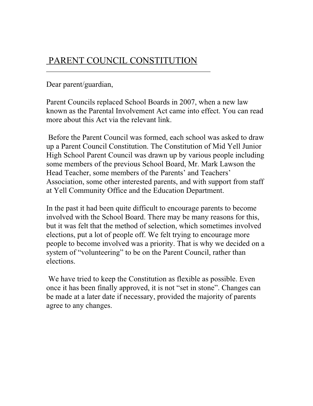 Mid Yell Junior High School Parent Council Constitution