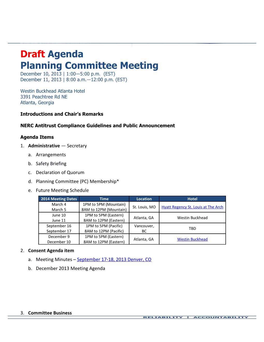 DRAFT Planning Committee Meeting Agenda - December 10-11, 2013