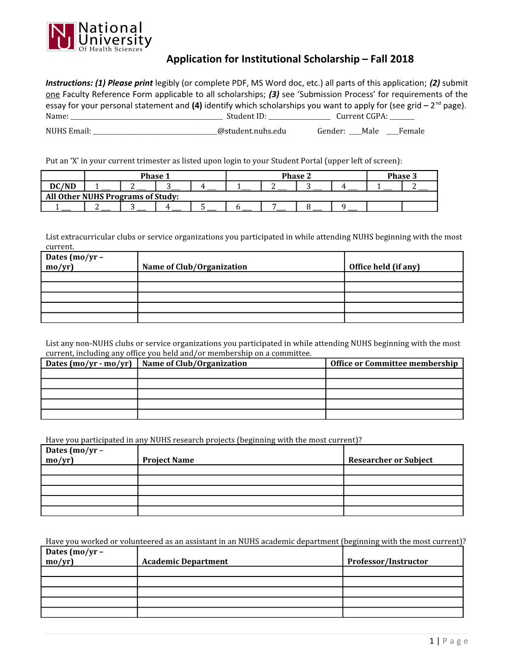 Application for Institutional Scholarship Fall 2018