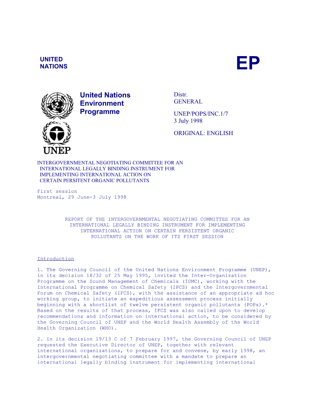 UNEP/POPS/INC.1/7 - Final Report in English