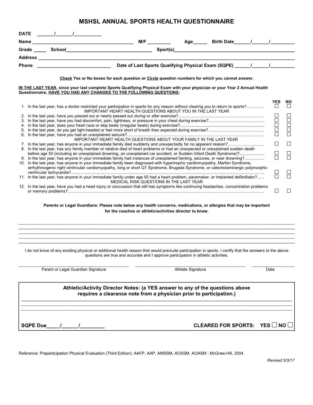 Mshsl Annual Sports Health Questionnaire Form
