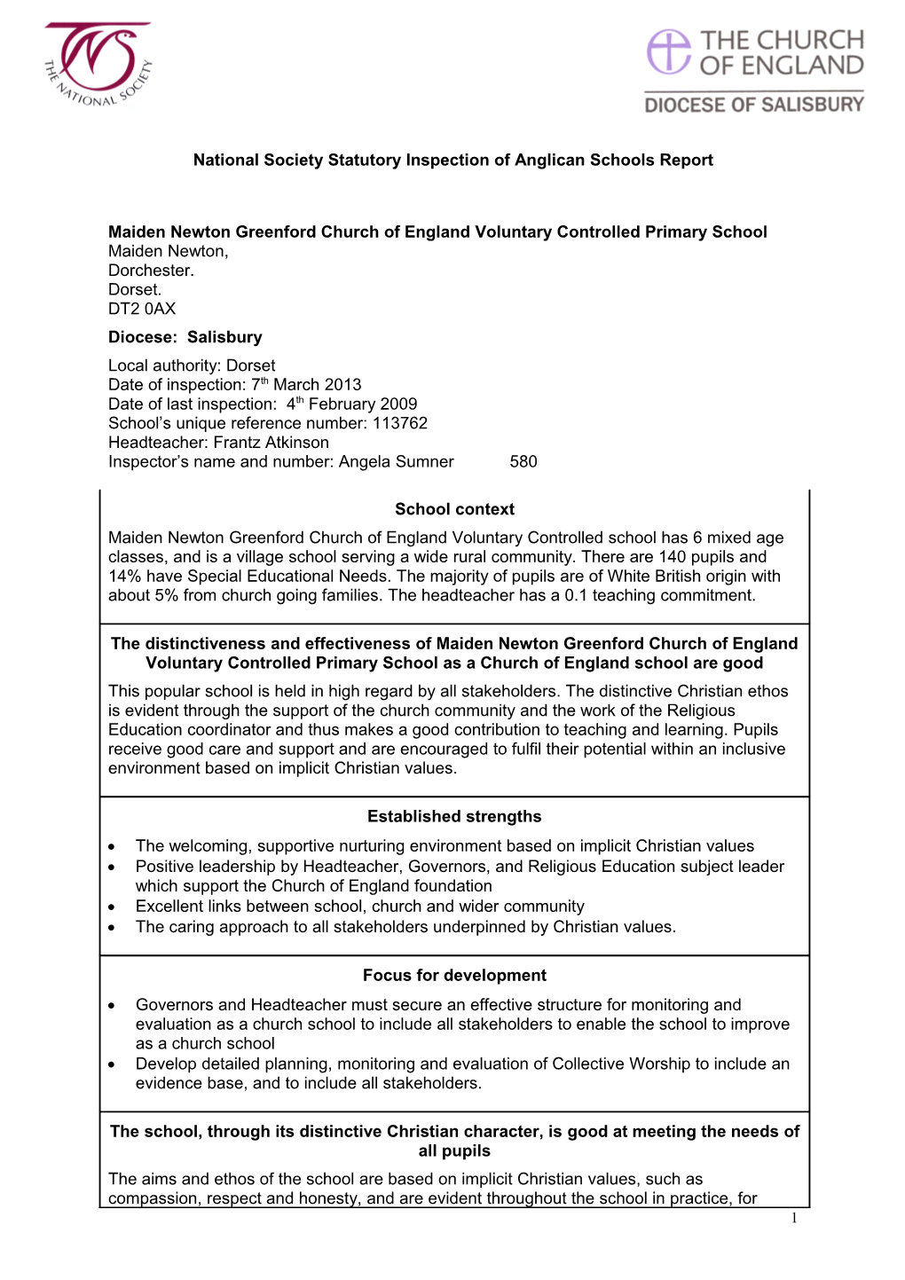 National Society Statutory Inspection of Anglican Schools Report s2