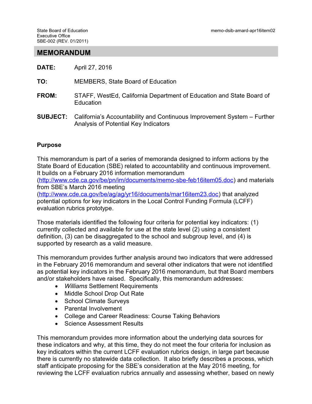 April 2016 Memo AMARD Item 02 - Information Memorandum (CA State Board of Education)