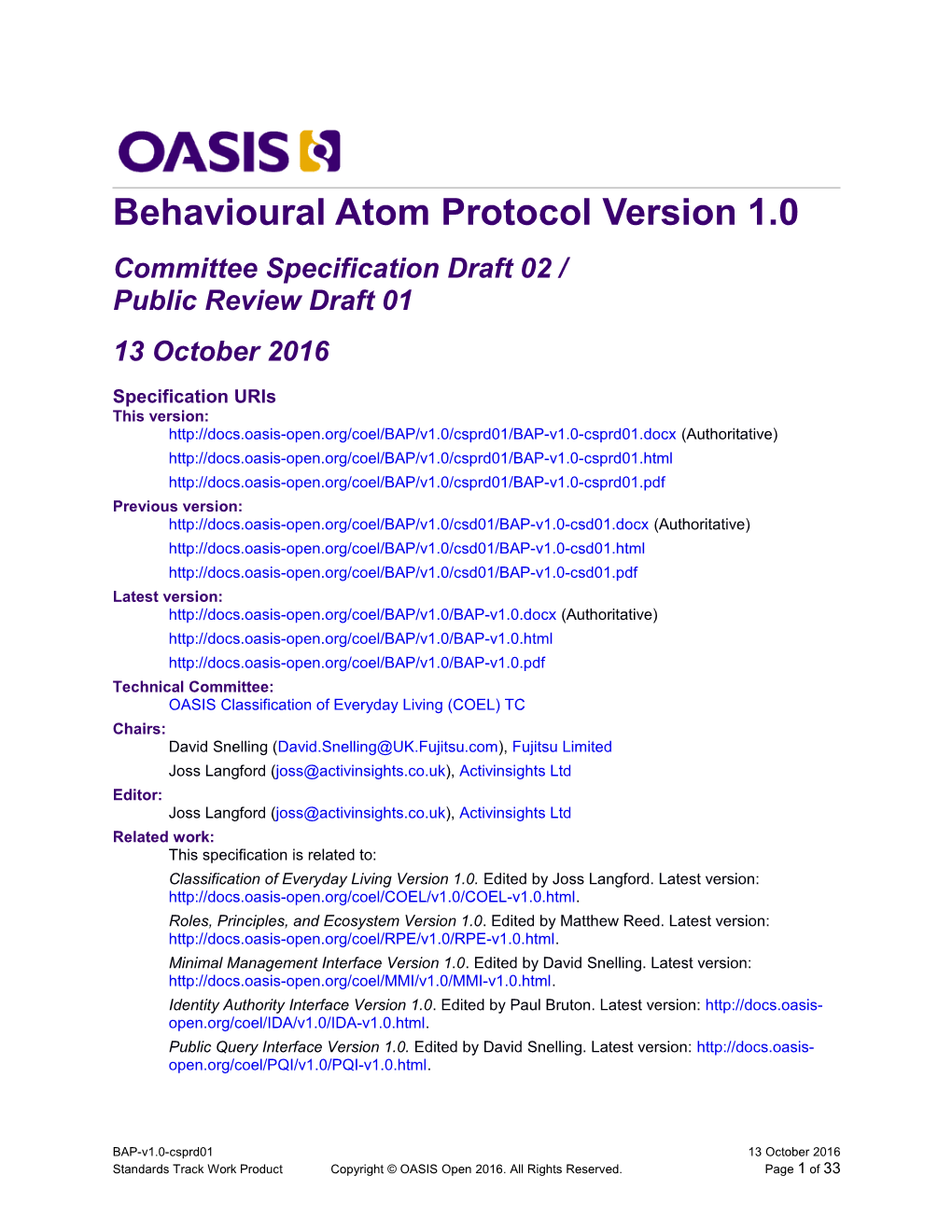 Behavioural Atom Protocol Version 1.0