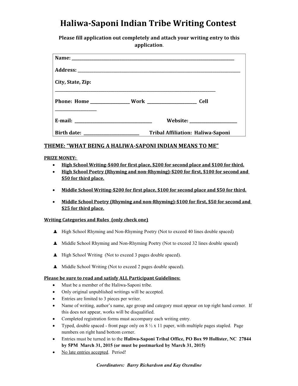 Haliwa-Saponi Indian Tribe Writing Contest