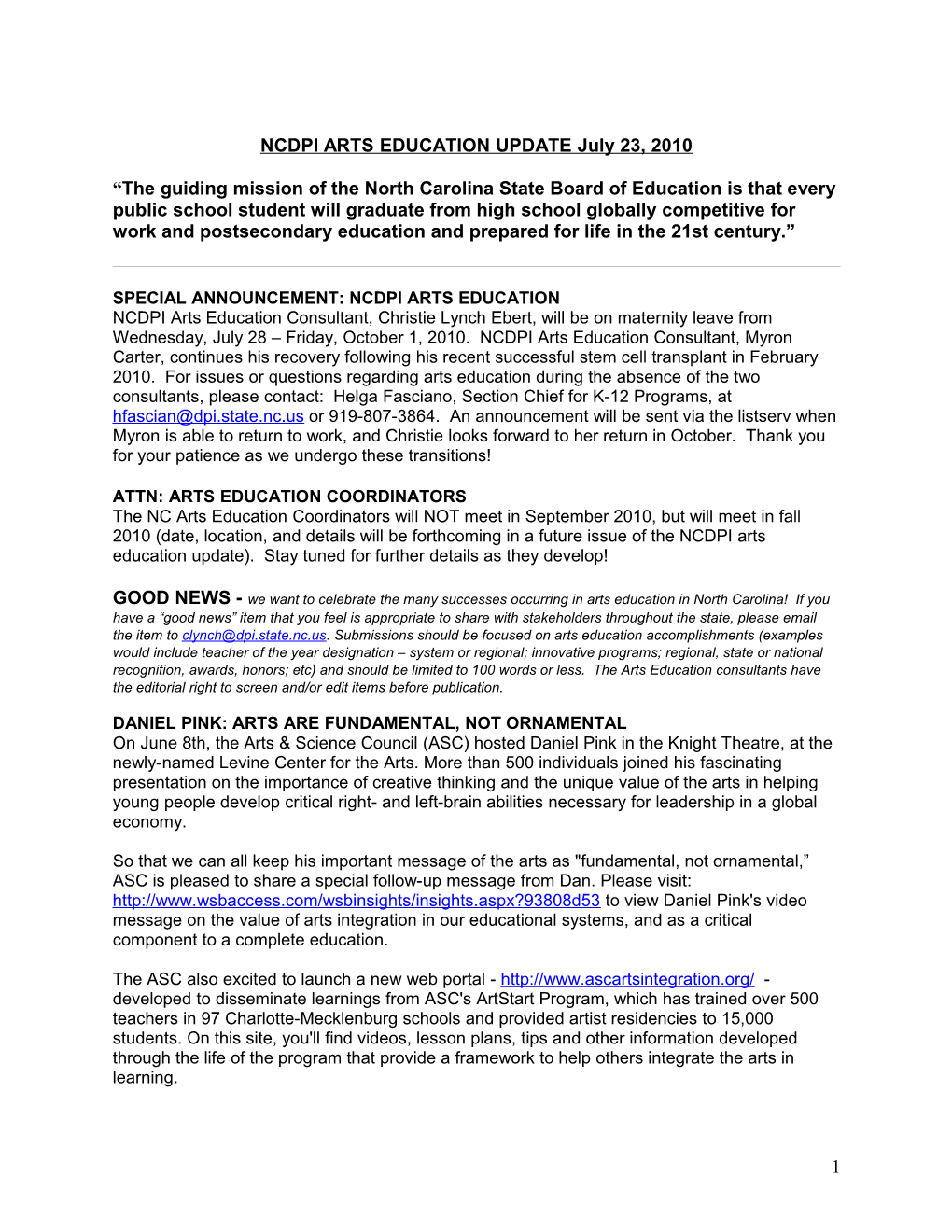 NCDPI ARTS EDUCATION UPDATE May 2, 2008 s1