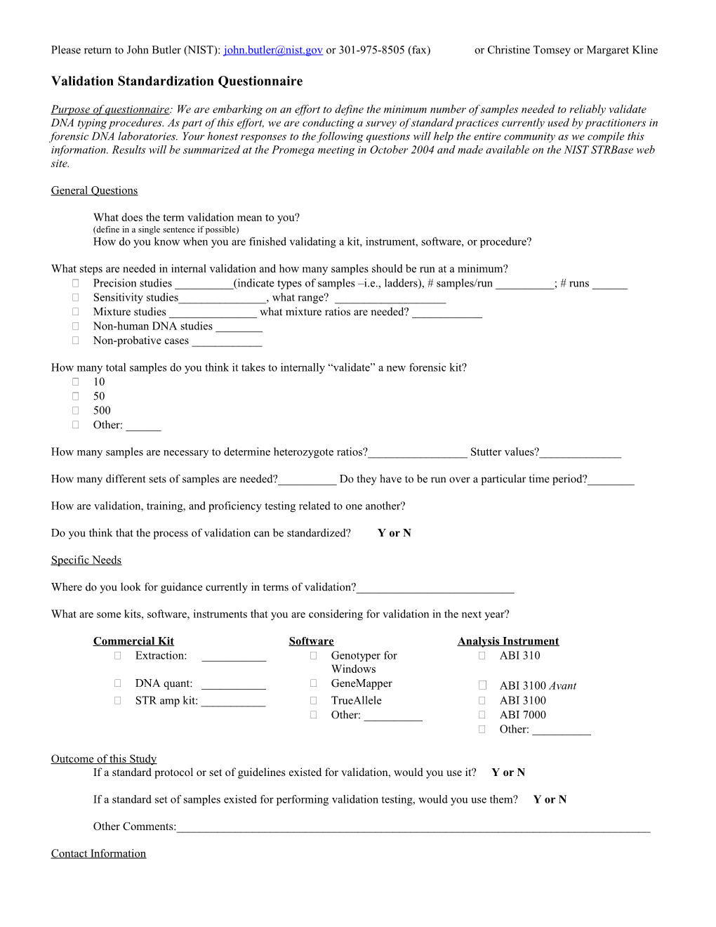 Validation Standardization Questionnaire