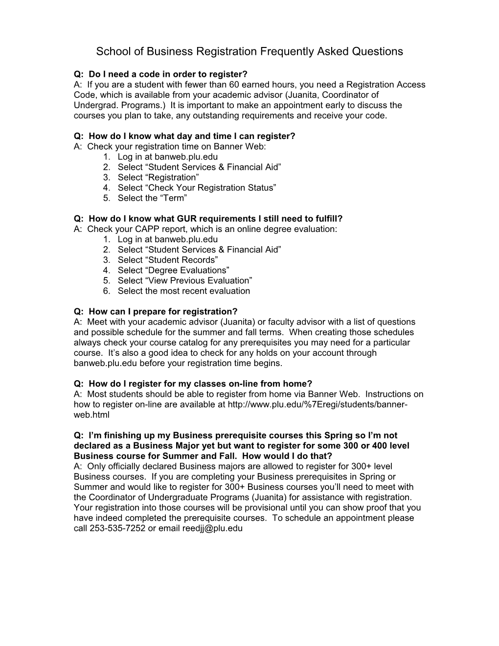 School of Business Registration Frequently Asked Questions