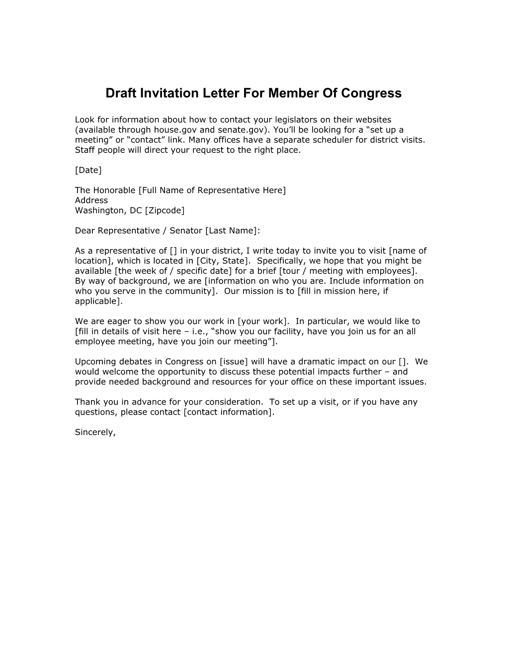 Draft Invitation Letter for Member of Congress