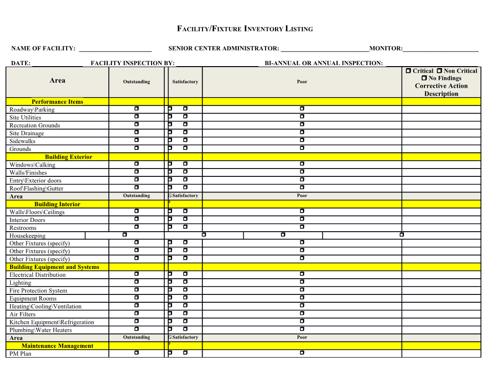 Facility/Fixture Inventory Listing