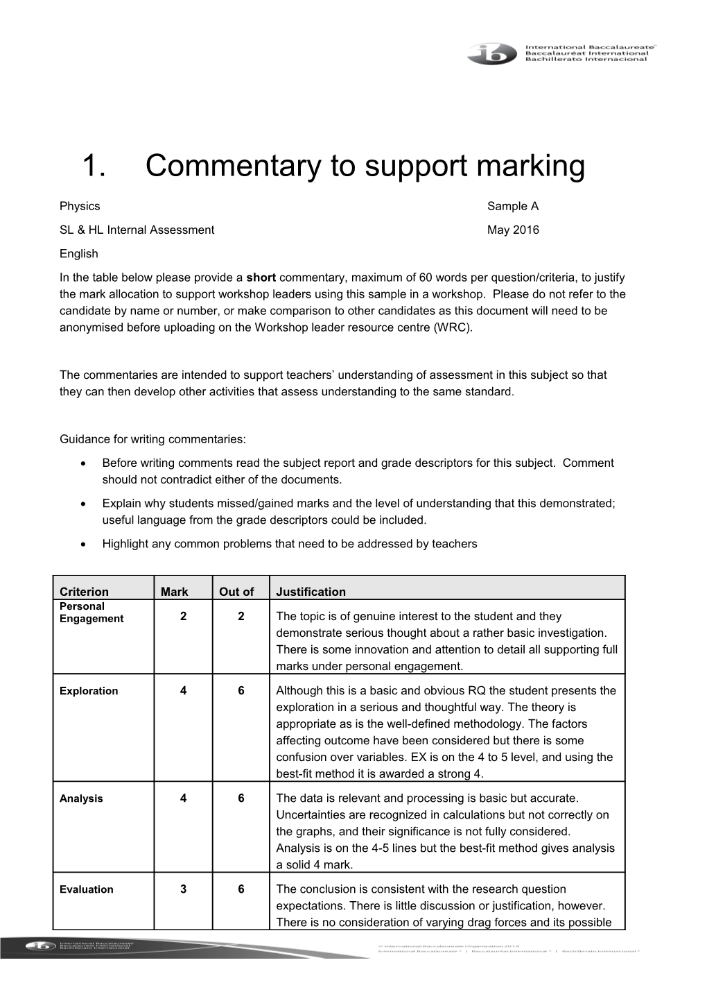 Commentary to Support Marking