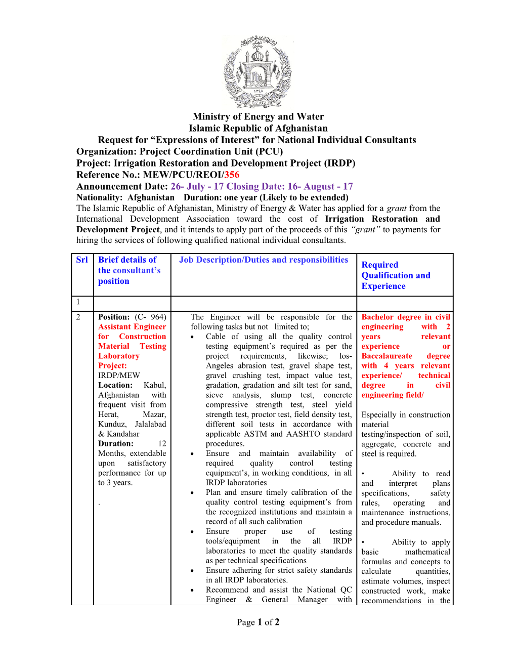 Procurement Specialist Position NSP II