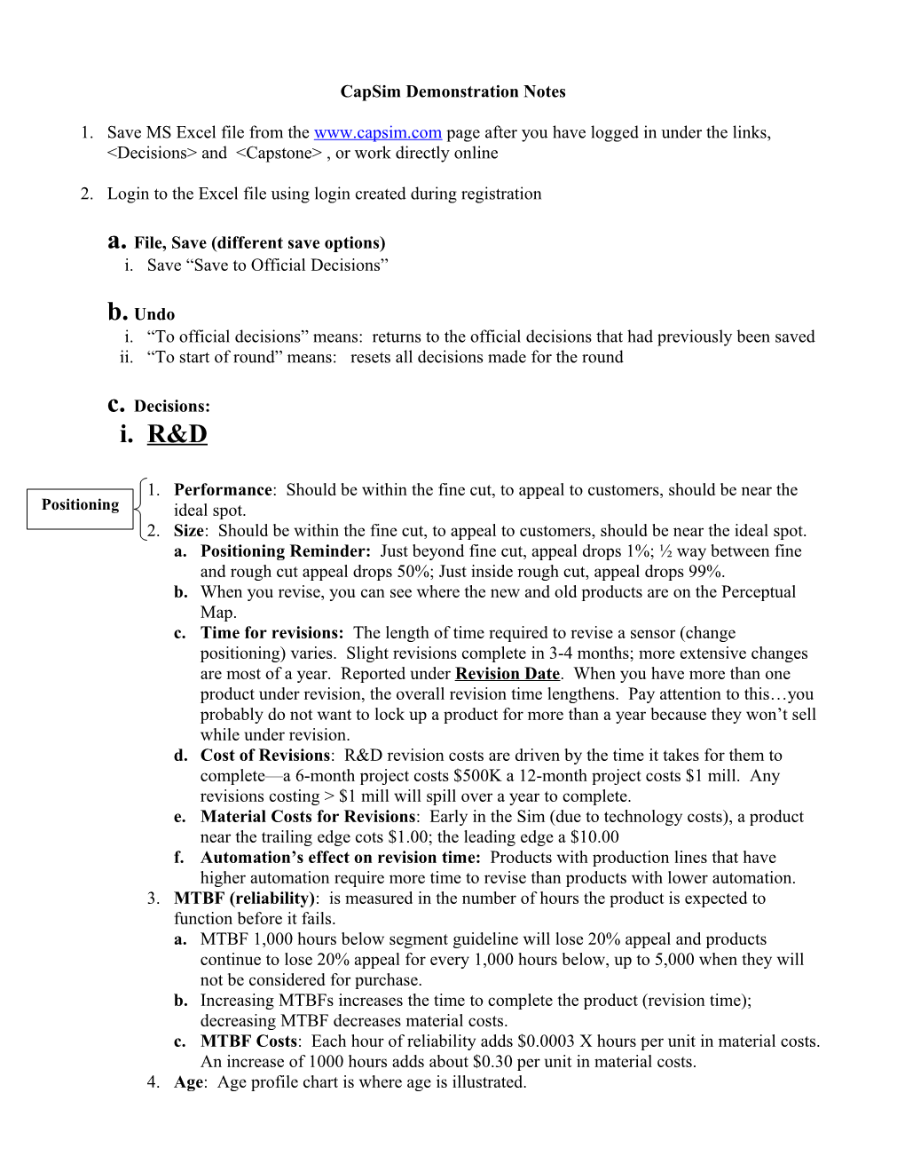 Capsim Demonstration Notes