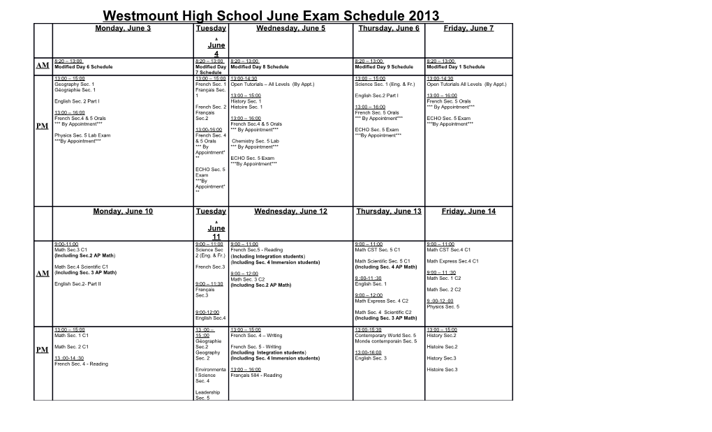 Westmount High School June Exam Schedule 2013
