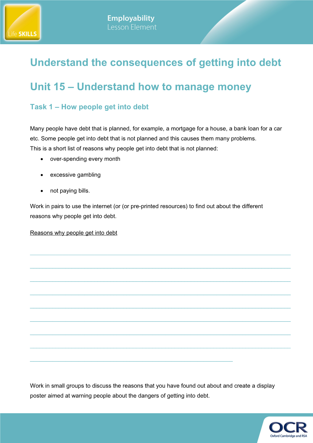 Cambridge Employability Lesson Element Unit 15: Understand How to Manage Money LE1