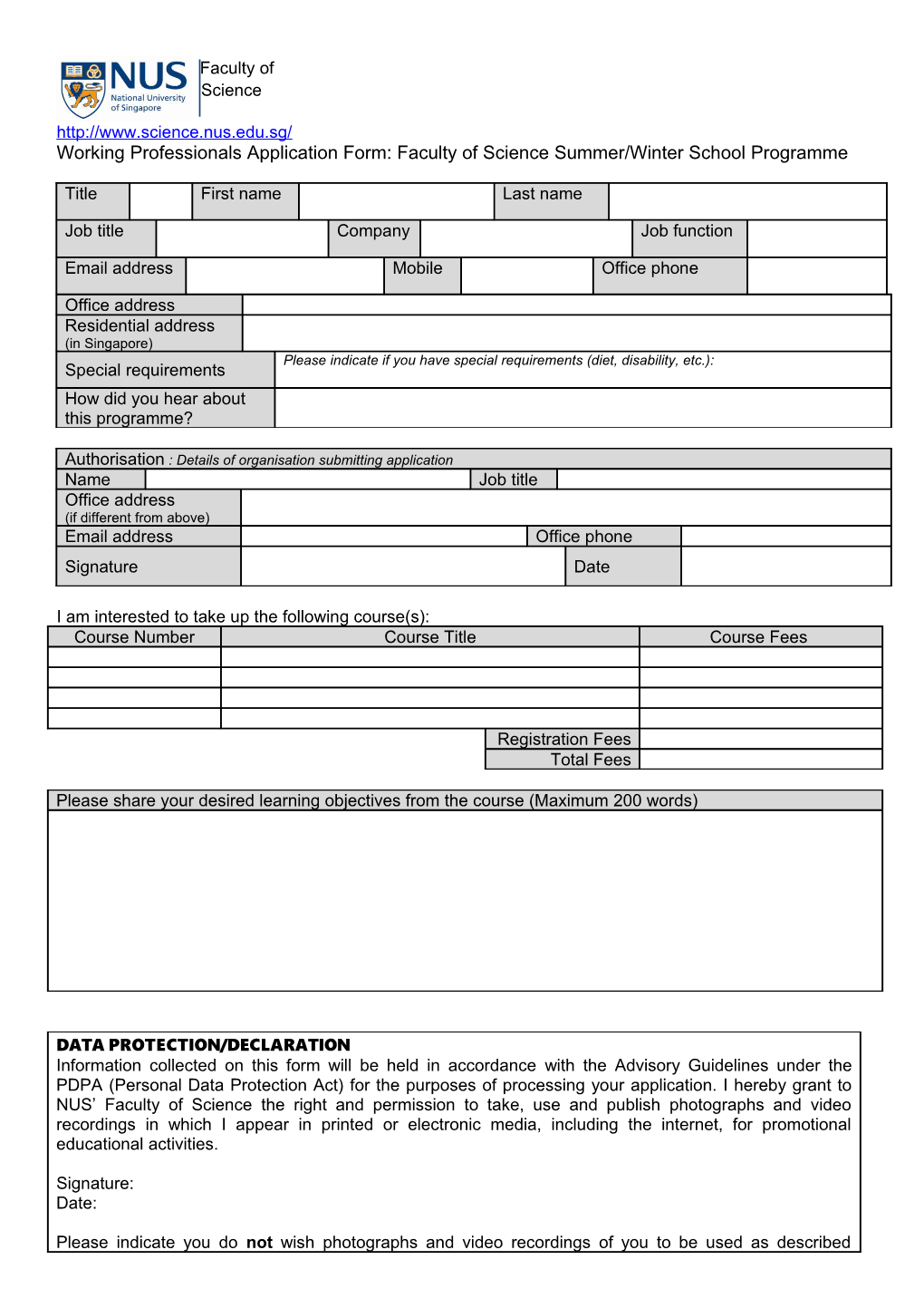 Working Professionals Application Form: Faculty of Science Summer/Winter School Programme