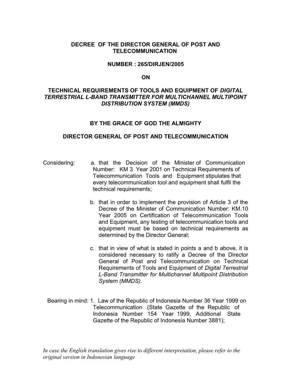 Decree of the Director General of Post and Telecommunicatio