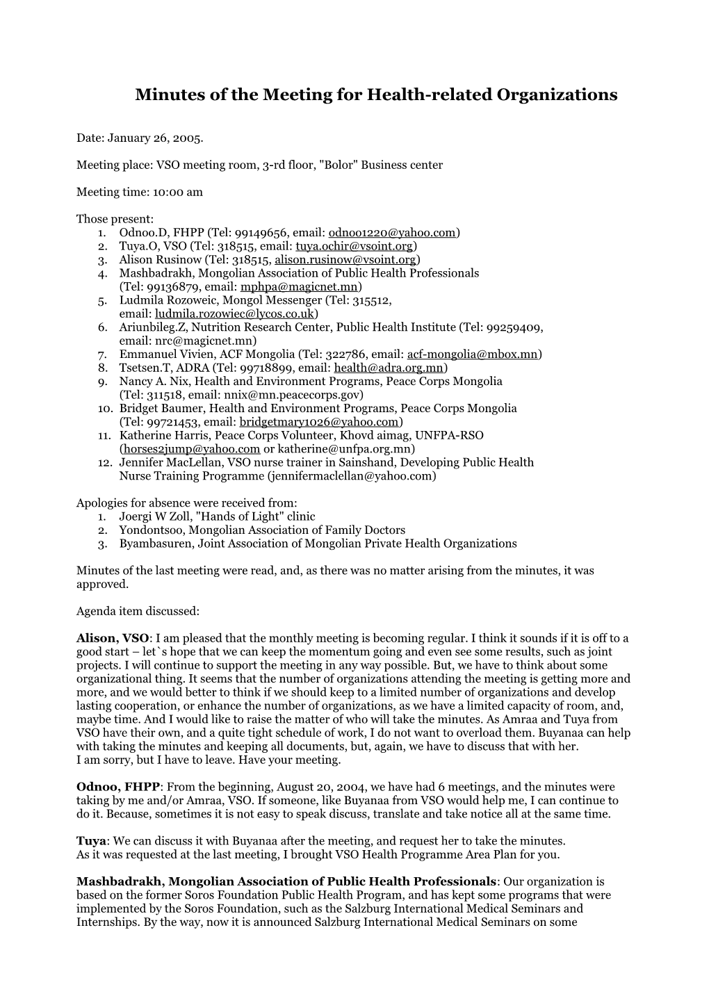 Minutes of the Meeting for Health-Related Organizations