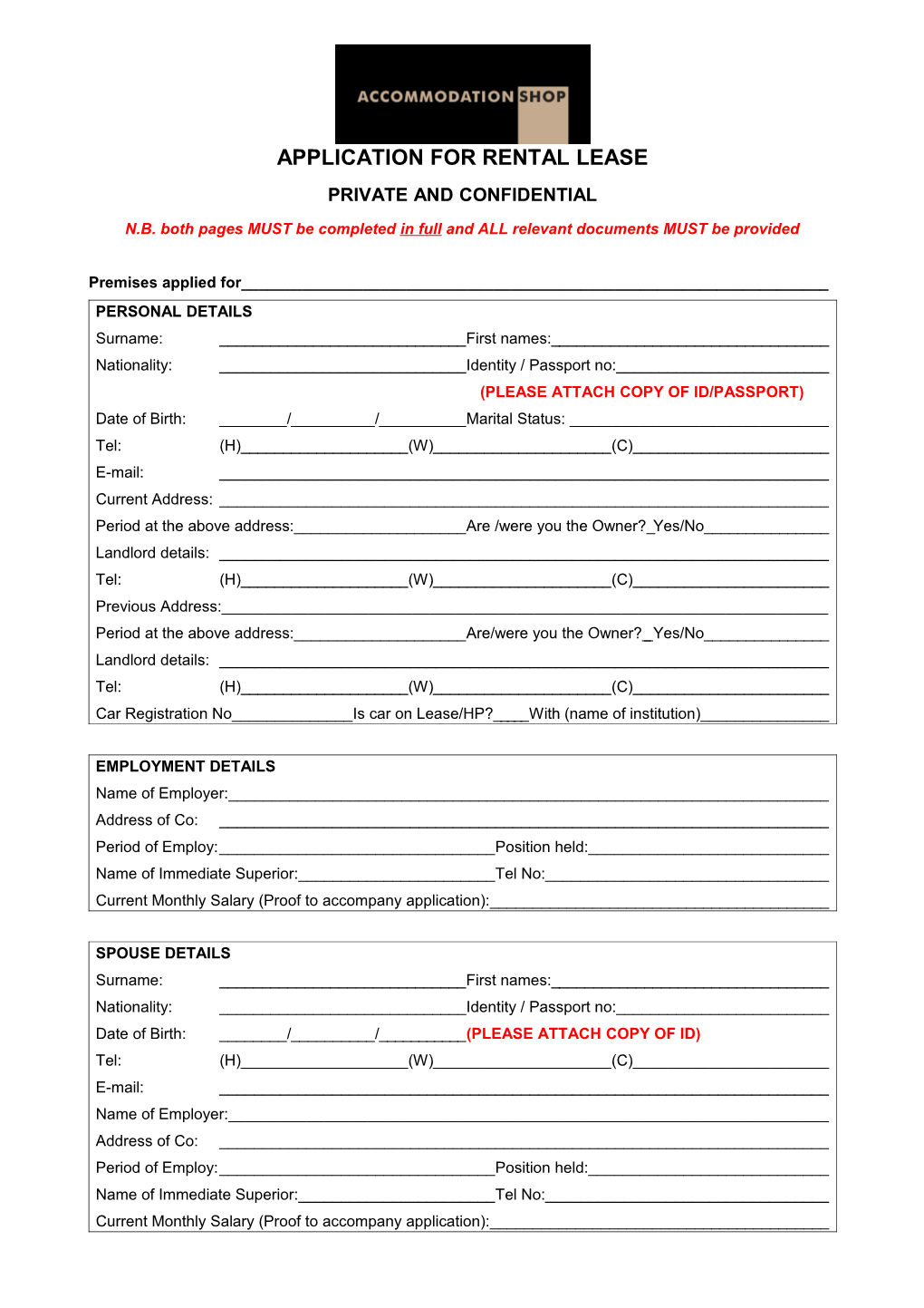 Application for Rental Lease