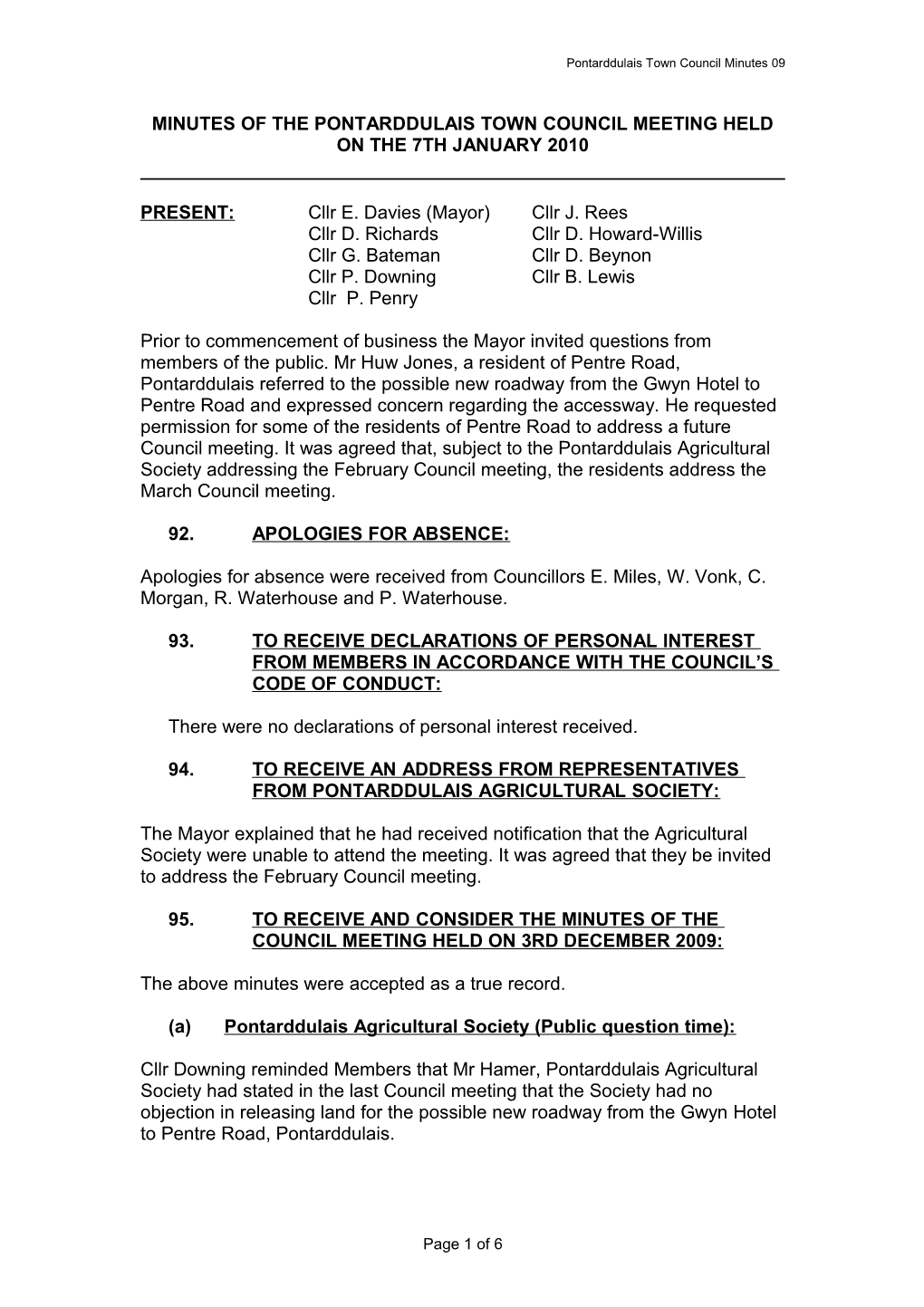 Minutes of the Pontarddulais Town Council Held on the 8Th January 2008