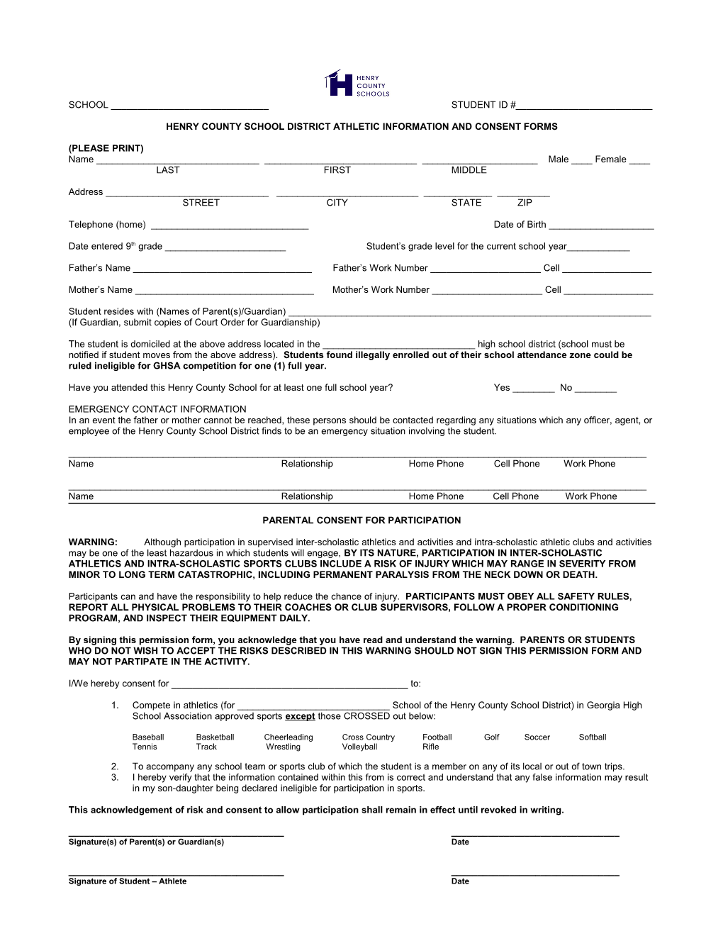Henrycountyschool District Athletic Information and Consent Forms
