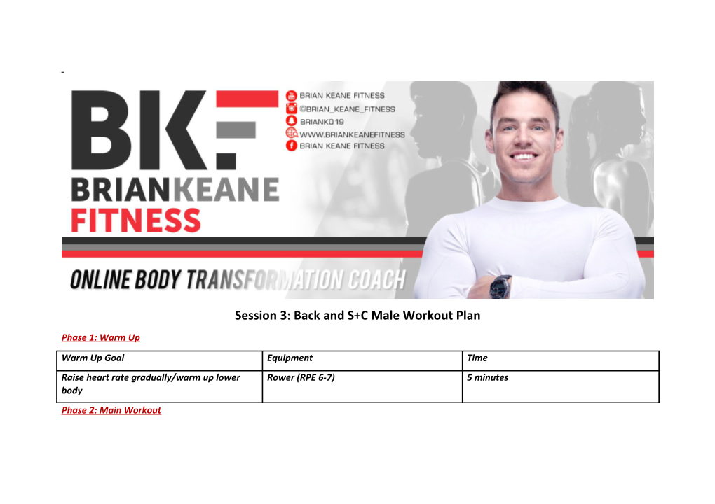 Session 3: Back and S+C Male Workout Plan