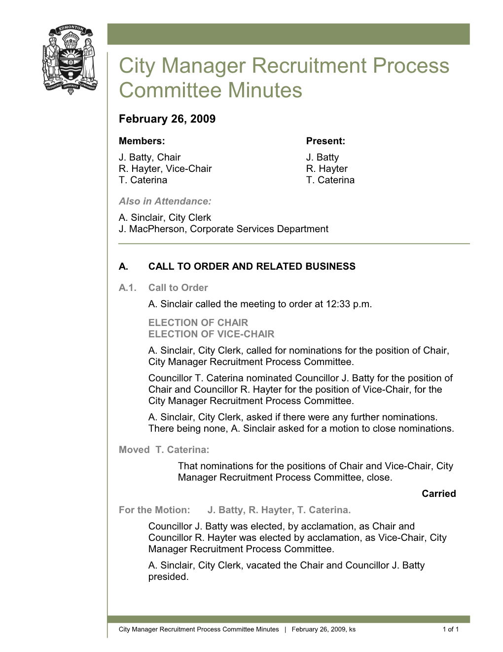 Minutes for Performance Evaluation Committee February 26, 2009 Meeting