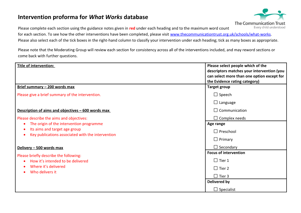 Intervention Proforma for What Works Database