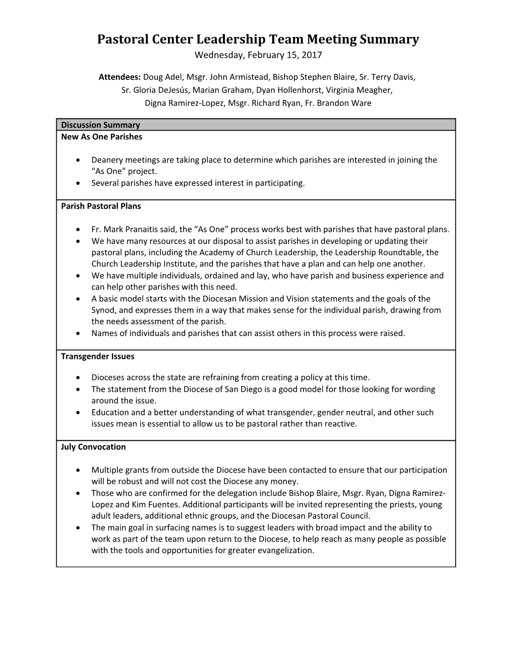 Pastoral Center Leadership Teammeeting Summary Wednesday, February 15, 2017