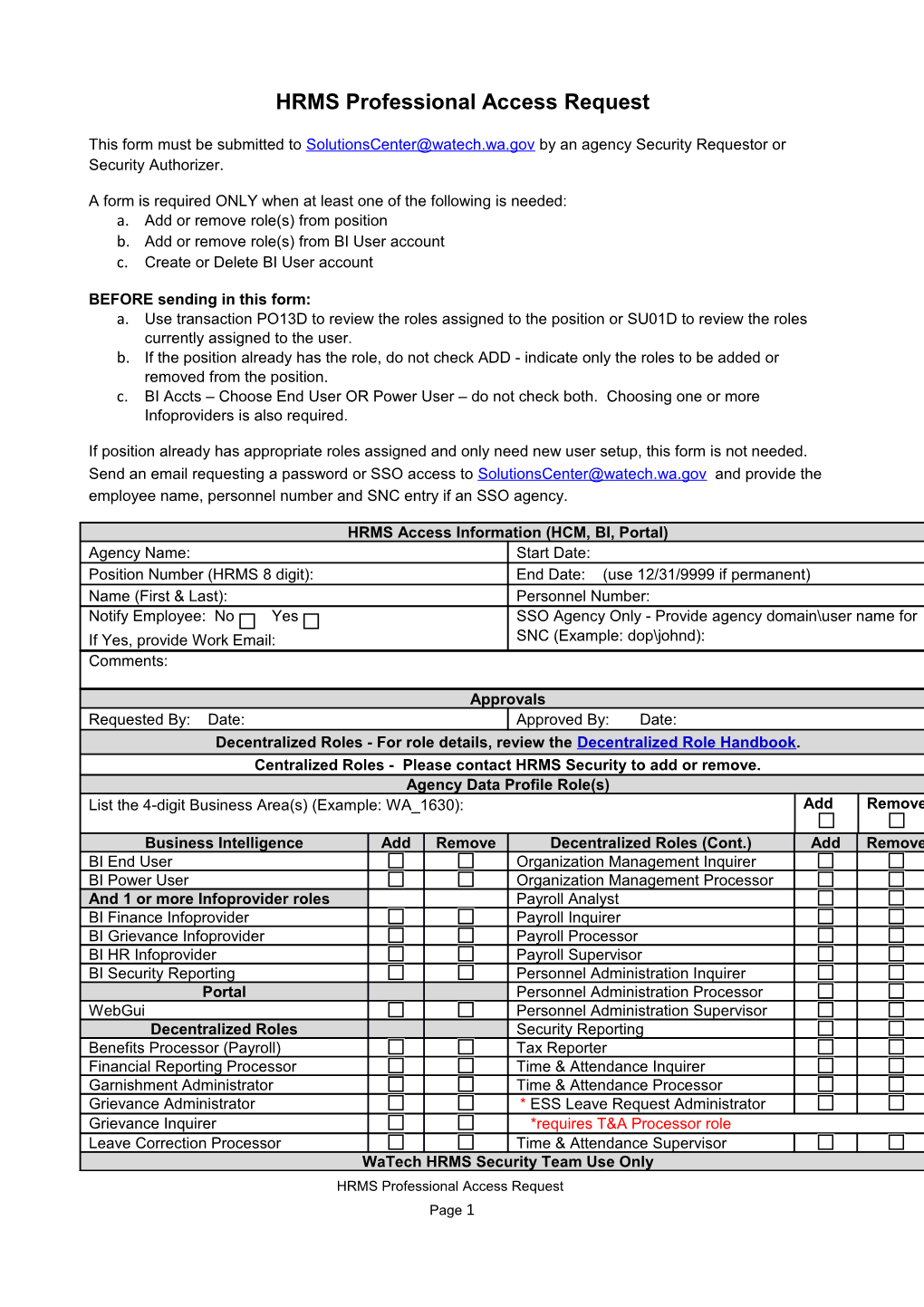 HRMS Professional Access Request