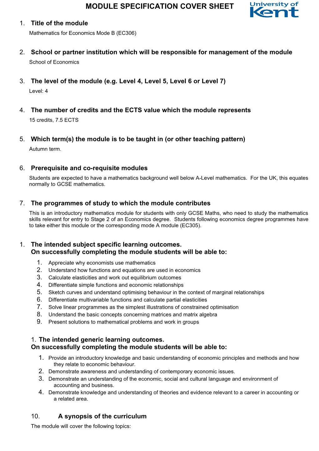 Mathematics for Economics Mode B (EC306)