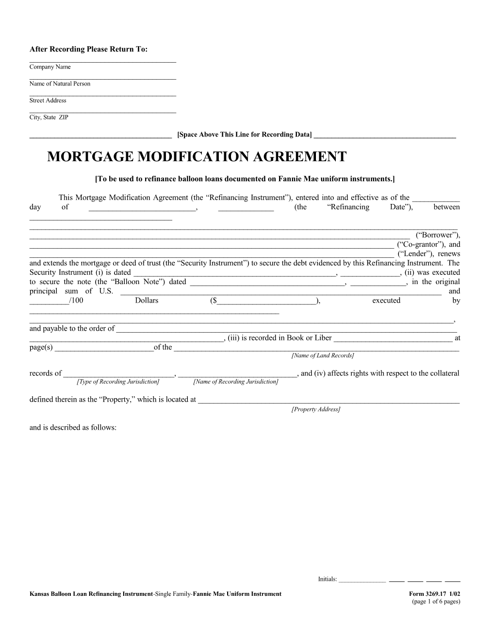 Kansas Balloon Loan Refinancing Instrument (Form 3269): Word