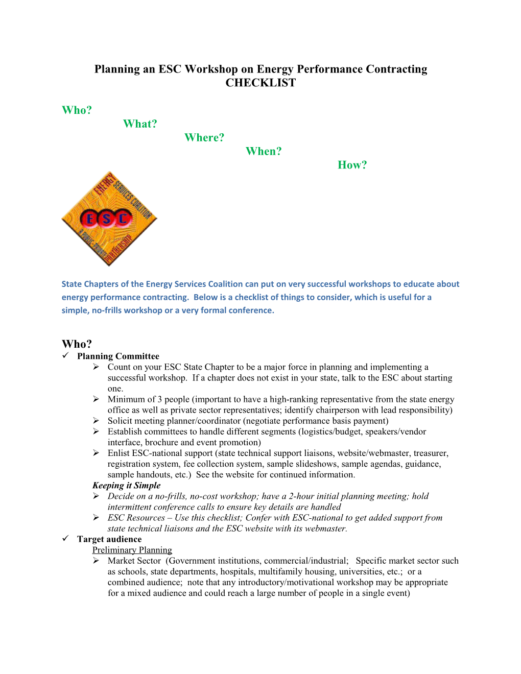 Planning an ESC Workshop on Energy Performance Contracting