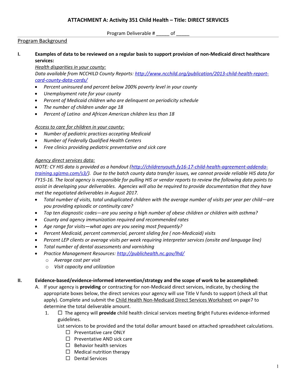 ATTACHMENT A: Activity 351 Child Health Title: DIRECT SERVICES