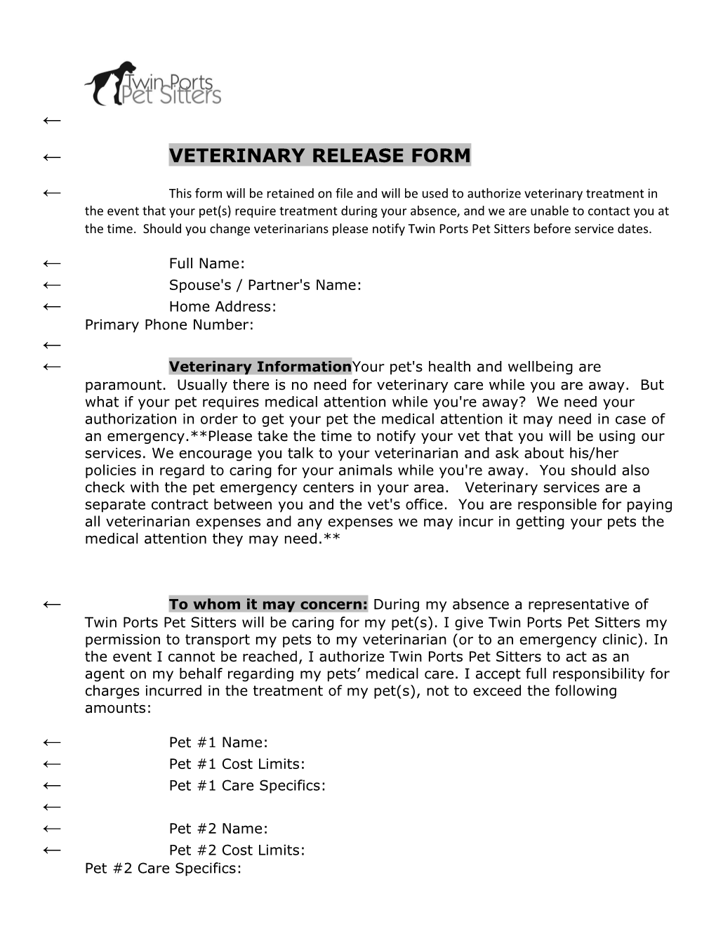 Veterinary Release Form