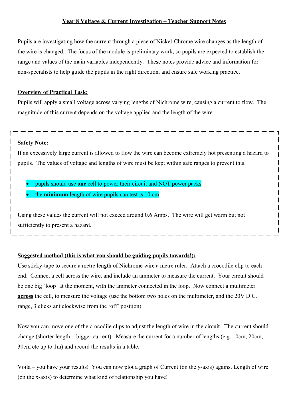 Year 8 Voltage & Current Investigation Teacher Support Notes