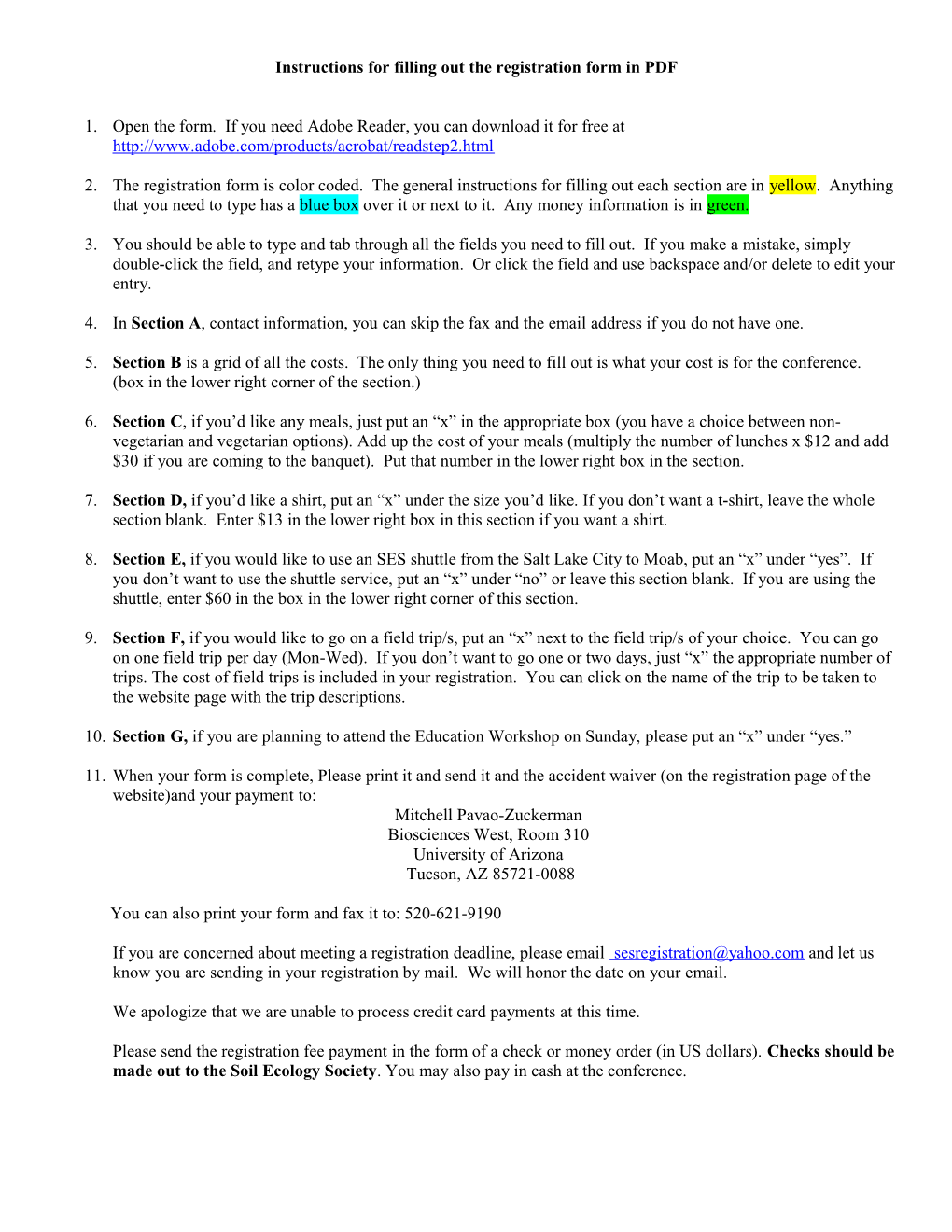 Instructions for Filling out the Registration Form on Excel