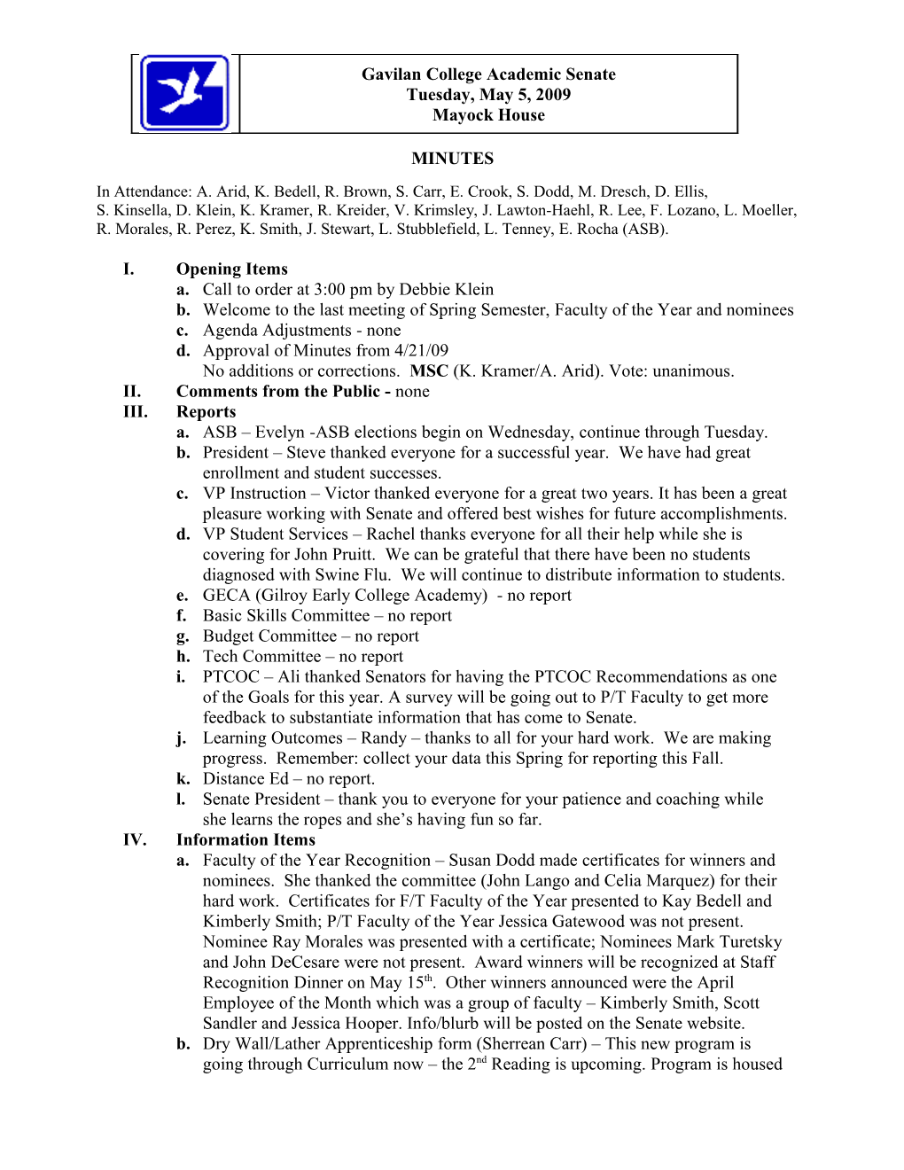 Academic Senate Minutes 05.05.09