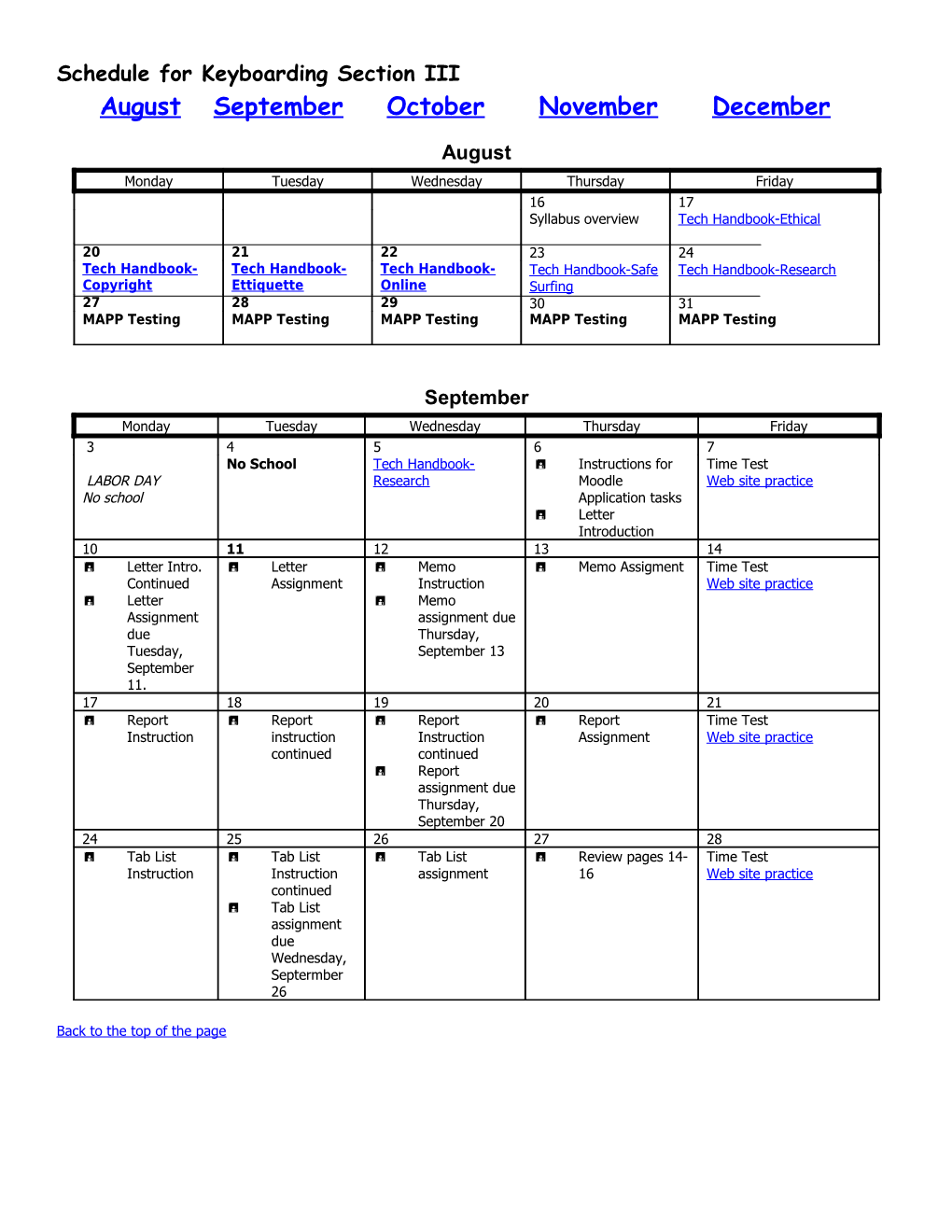 Schedule for Keyboarding Section I