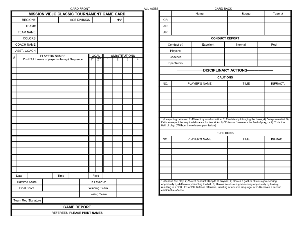 Ayso All American Tournament Game Card