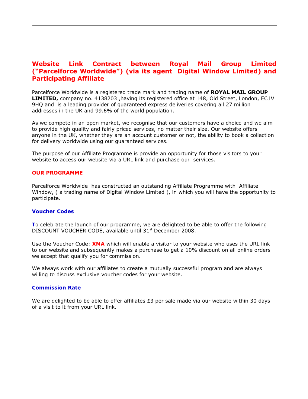 Website Link Contract Between Royal Mail Group Limited ( Parcelforce Worldwide ) (Via Its