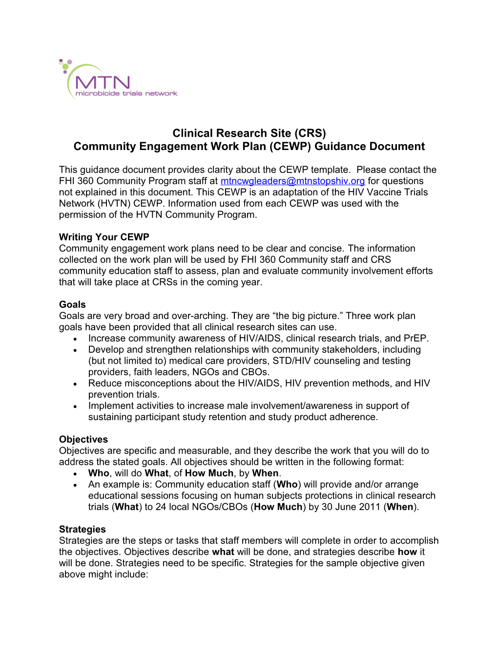 Community Engagement Work Plan (CEWP) Guidance Document