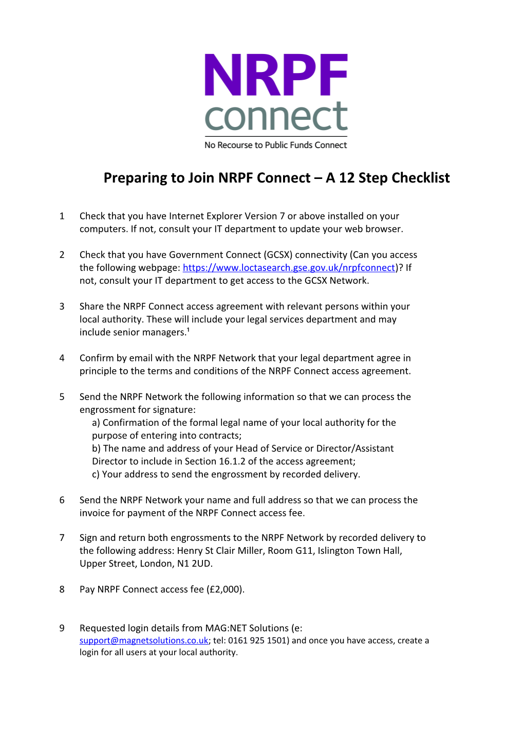 Preparing to Join NRPF Connect Checklist