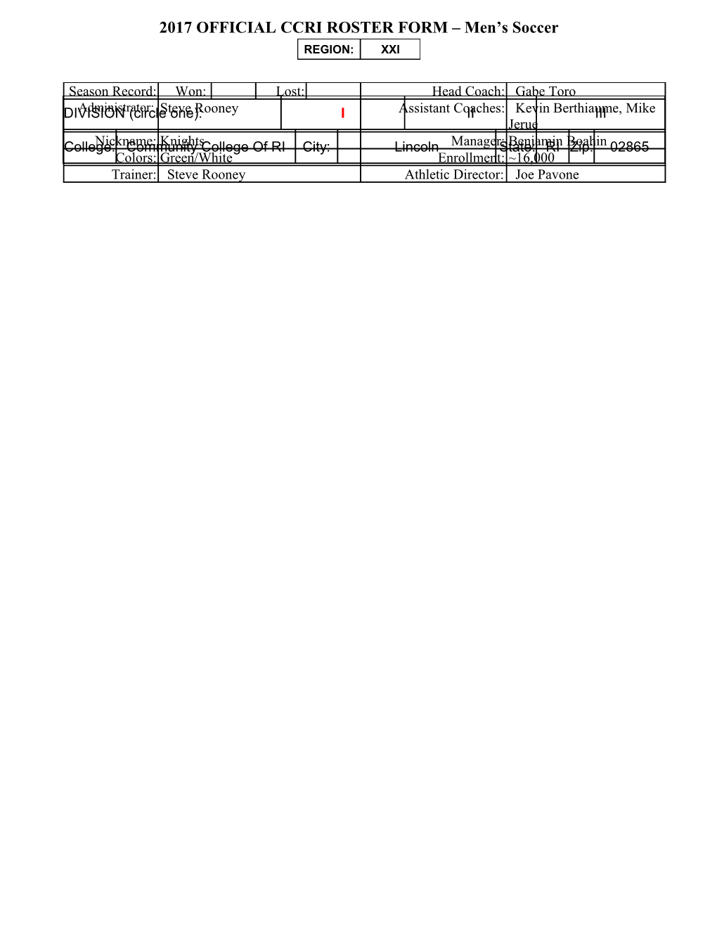 2017 OFFICIAL CCRI ROSTER FORM Men S Soccer